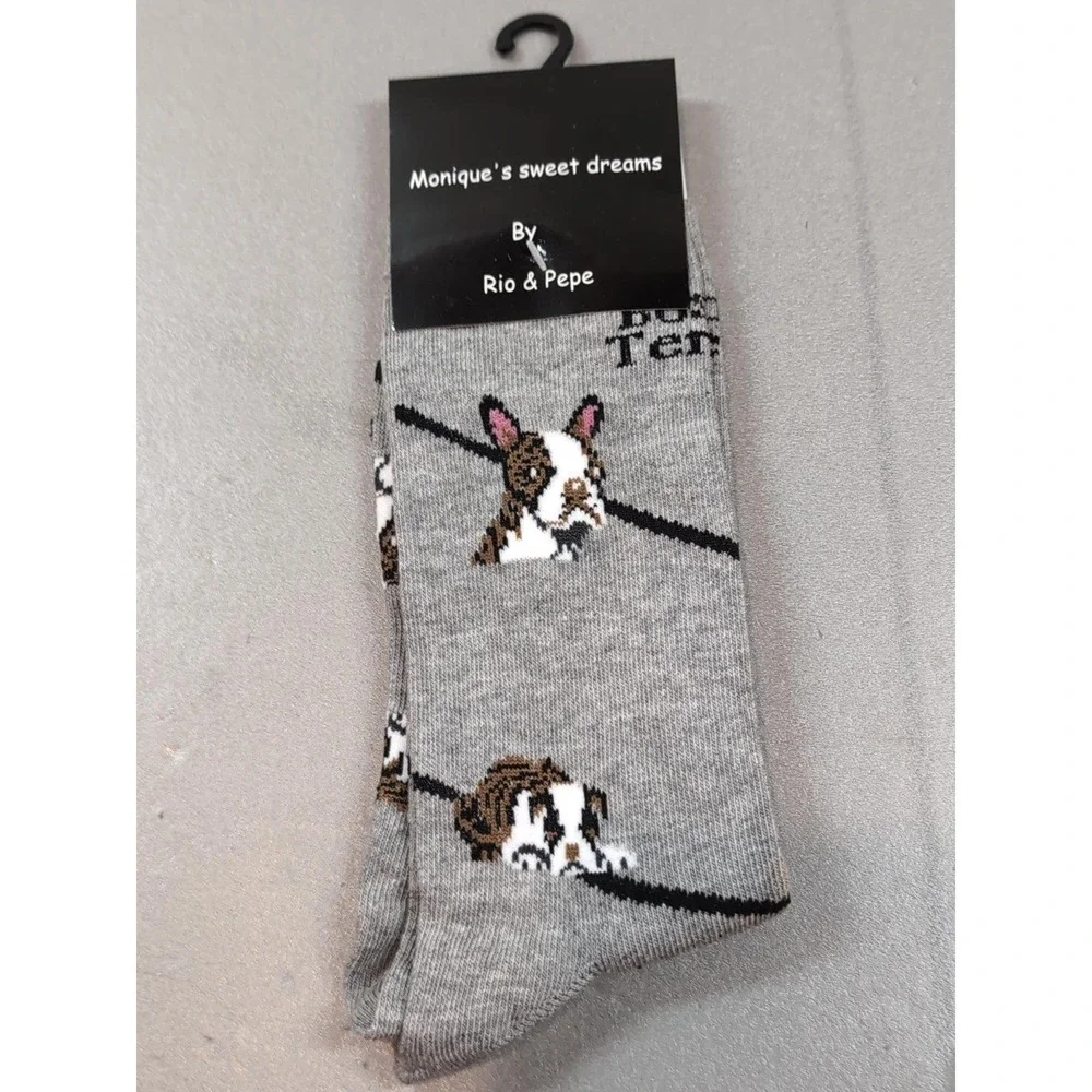 Monique's Sweet Dreams Rio & Pepe Boston Terrier Dog Socks Gray Size 9-11 NWT